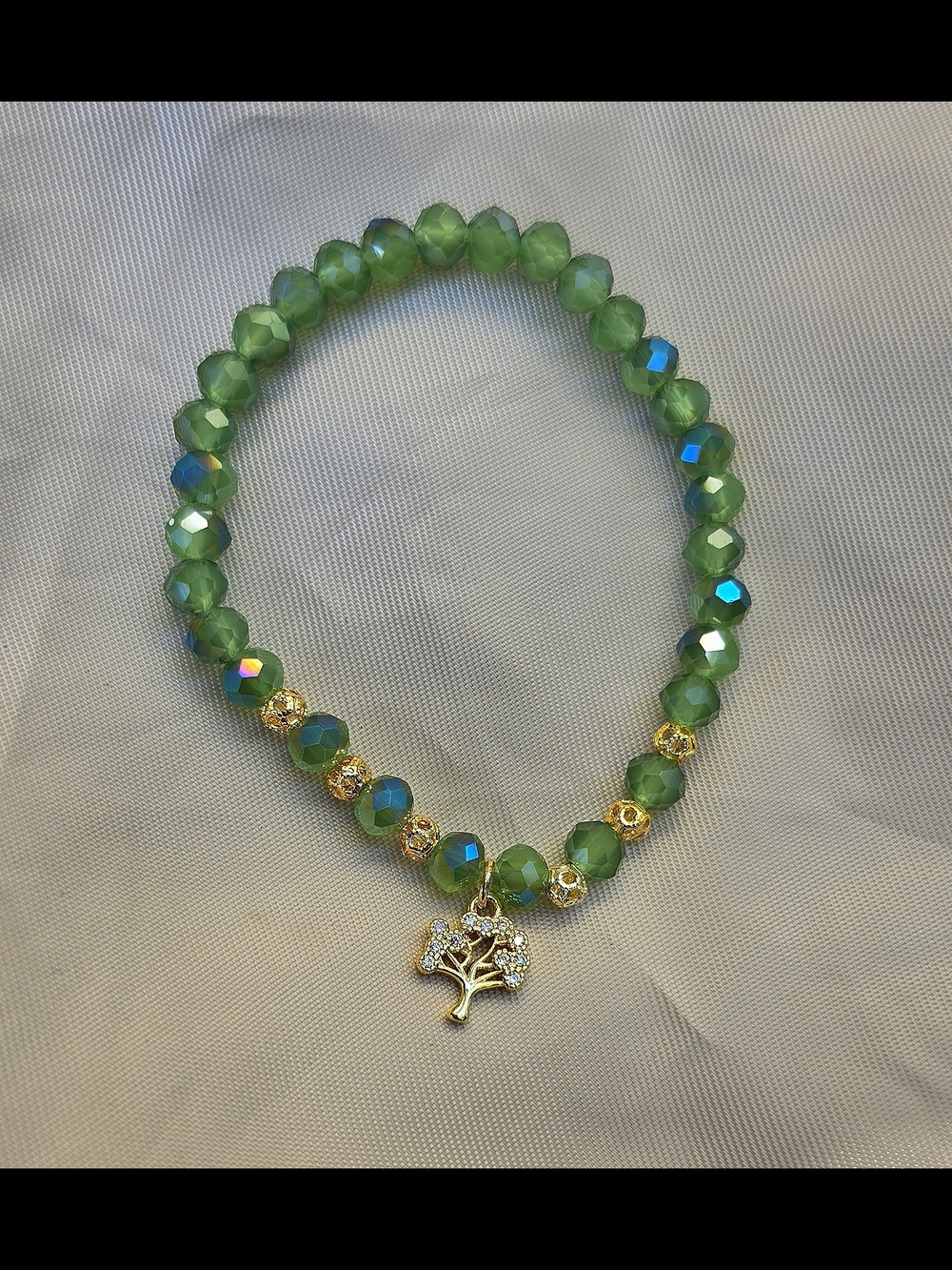 Green Beaded Bracelet with Gold Tree Life Charm - Women's Jewelry